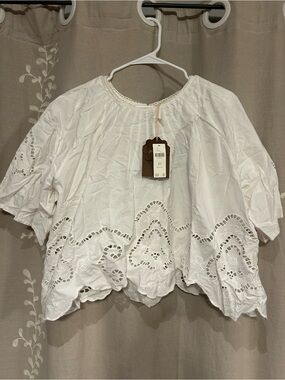 White Eyelet Boho Peasant Blouse - Lightweight Cotton